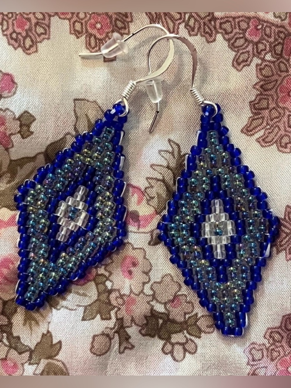 Handmade Miyuki Rainbow Teal Blue Crystal Beaded Diamond Drop Statement Earrings
